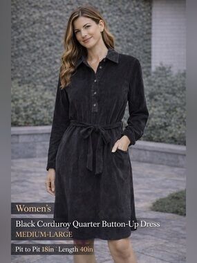 Black Corduroy quarter button up dress medium-large pit to pit 18in length 40in